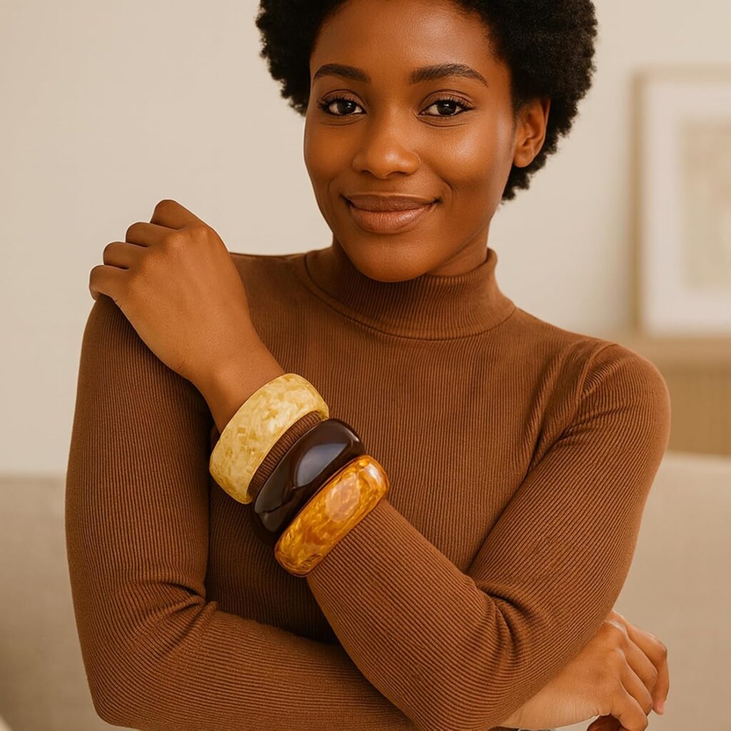 Set of Chunky Acrylic Resin Bangle Bracelets for Women, Retro Brown and Colorful Stackable Bangles, Statement Jewelry Gift Set of chunky acrylic resin bangle bracelets review picture