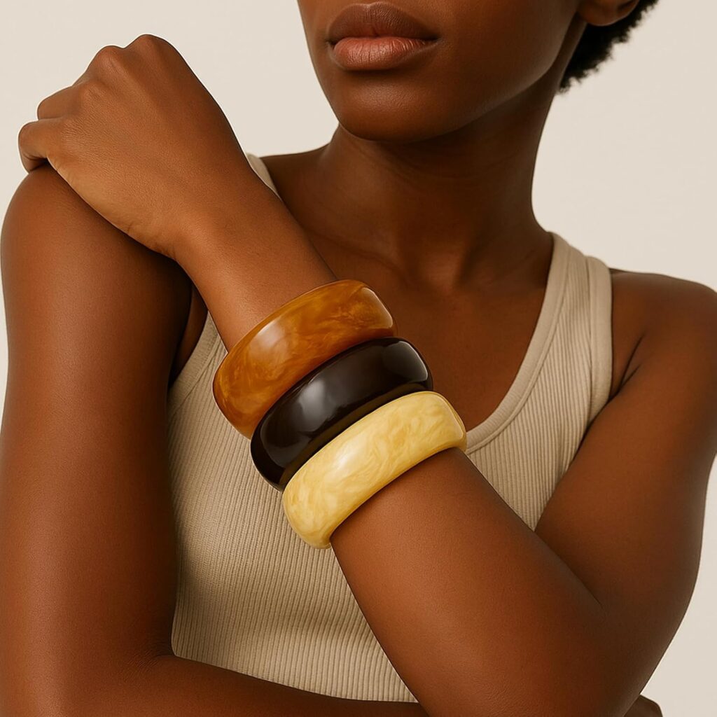 Set of Chunky Acrylic Resin Bangle Bracelets for Women, Retro Brown and Colorful Stackable Bangles, Statement Jewelry Gift Set of chunky acrylic resin bangle bracelets review picture