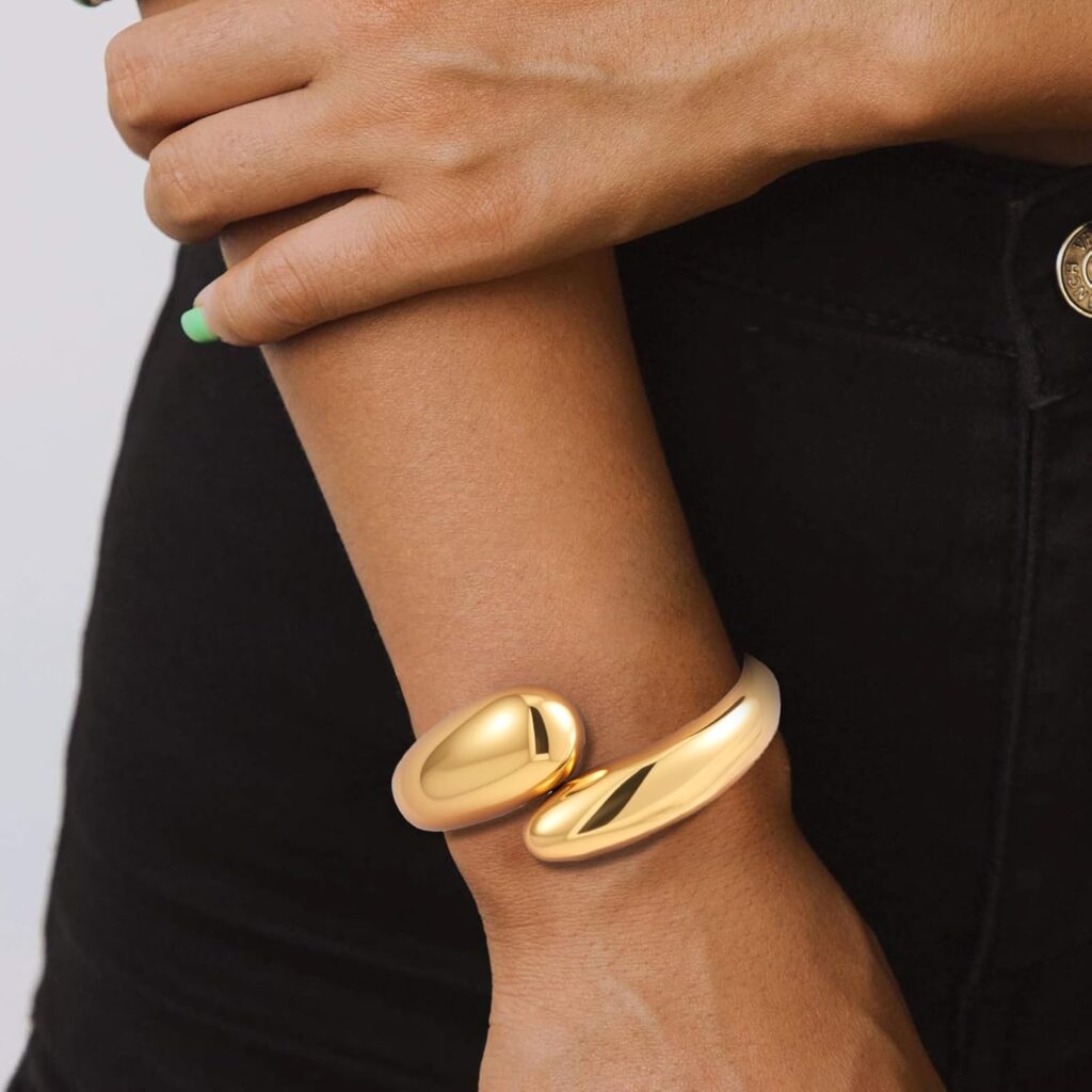 Yowivon Gold Bangles Bracelet for Women, Irregular Chunky Gold Bracelet Teardrop Wave Twisted Hinged Open Bangle Bracelets, Non Tarnish 18K Gold Plated Thick Cuff Bracelets Trendy Jewelry Gifts Yowivon gold bangles bracelet for women review image