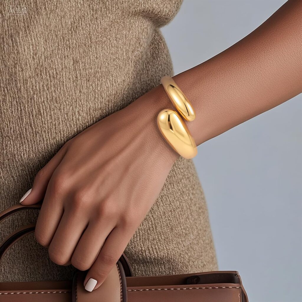 Yowivon Gold Bangles Bracelet for Women, Irregular Chunky Gold Bracelet Teardrop Wave Twisted Hinged Open Bangle Bracelets, Non Tarnish 18K Gold Plated Thick Cuff Bracelets Trendy Jewelry Gifts Yowivon gold bangles bracelet for women review photo