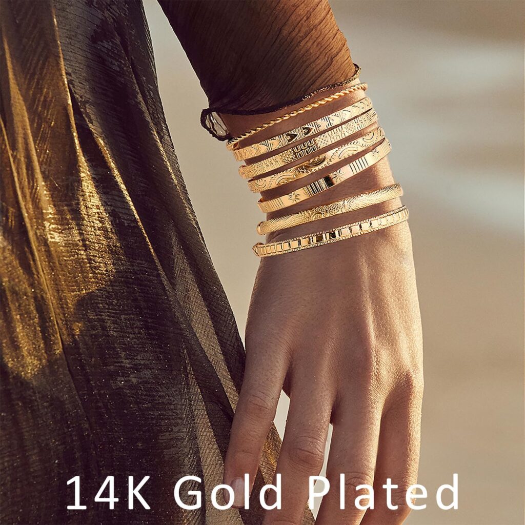 Gold Bangle Bracelets for Women, 14k Gold Plated Multi Layer Cuff Bangles Set, Stackable Boho Non Tarnish Elegance Smooth Bangle Jewelry Gifts for Her 14k gold plated multi layer cuff bangles review photo