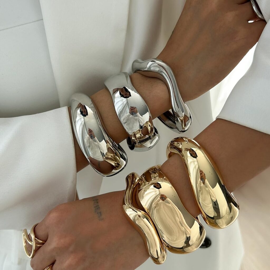 Gold Bangle Bracelets for Women Trendy Chunky Wide Cuff Stackable Bangles Irregular Minimalist Jewelry Accessories Gold chunky wide cuff bangles review illustration