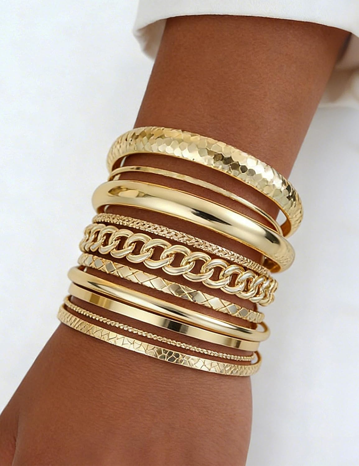 ÌF you Gold Bangle Bracelets for Women, 19Pcs Multi Stackable Textured Bangles Set, 14K Gold Plated Chunky Bracelet Boho
