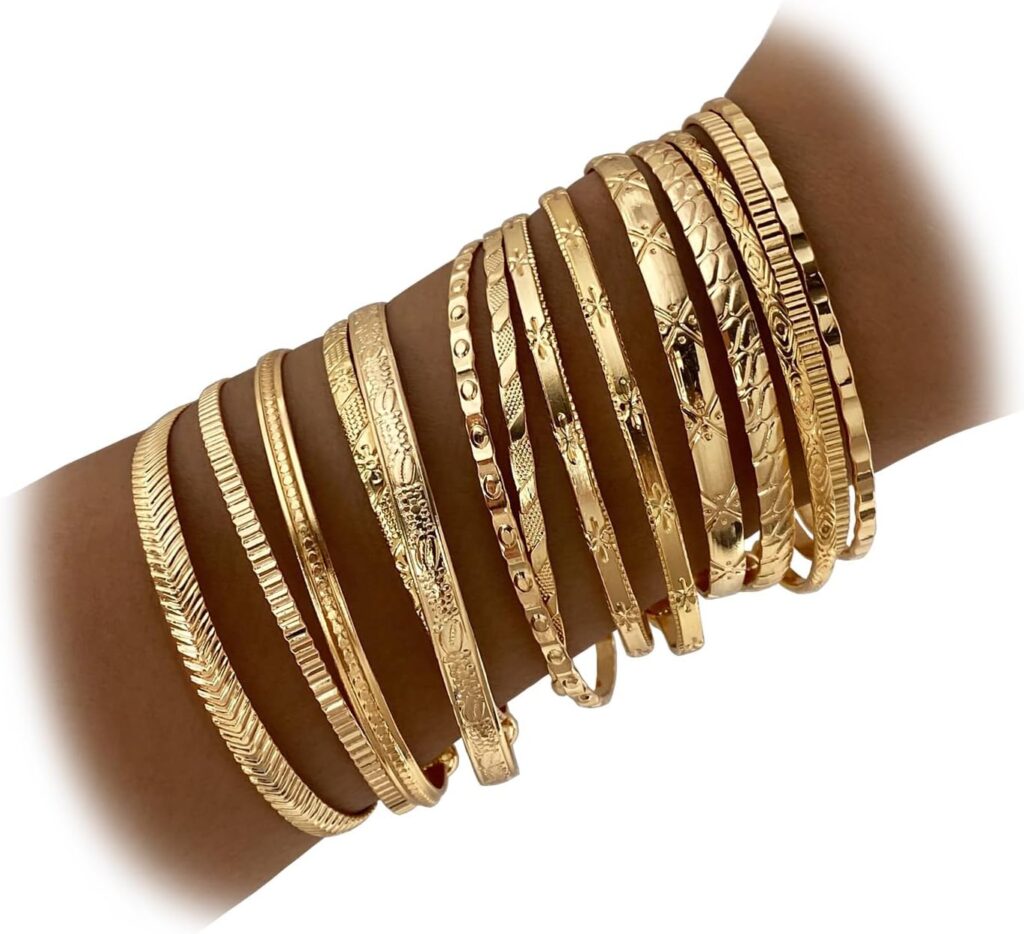 IFKM Gold Bangles Bracelets For Women, 14k Gold Plated Multi Layer Stackable Open Bracelet Set, Elegance Trendy Charms Non Tarnish Minimalist Textured Boho Jewelry Gift for Women Ifkm gold bangles bracelets review photo